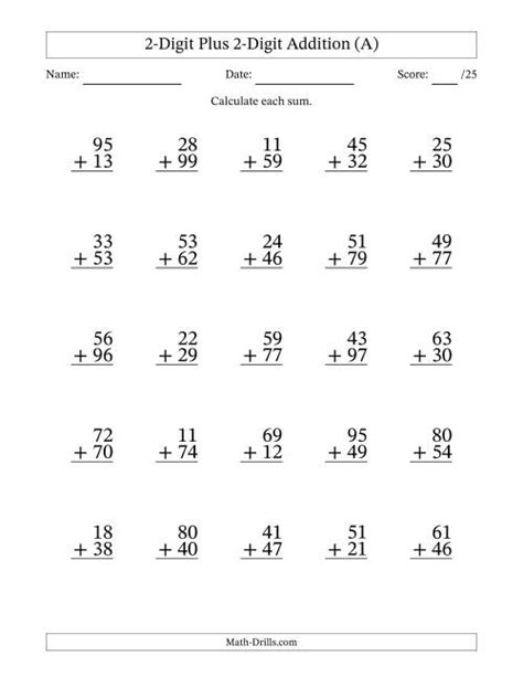 2 Digit Addition Worksheets with Answer Key .